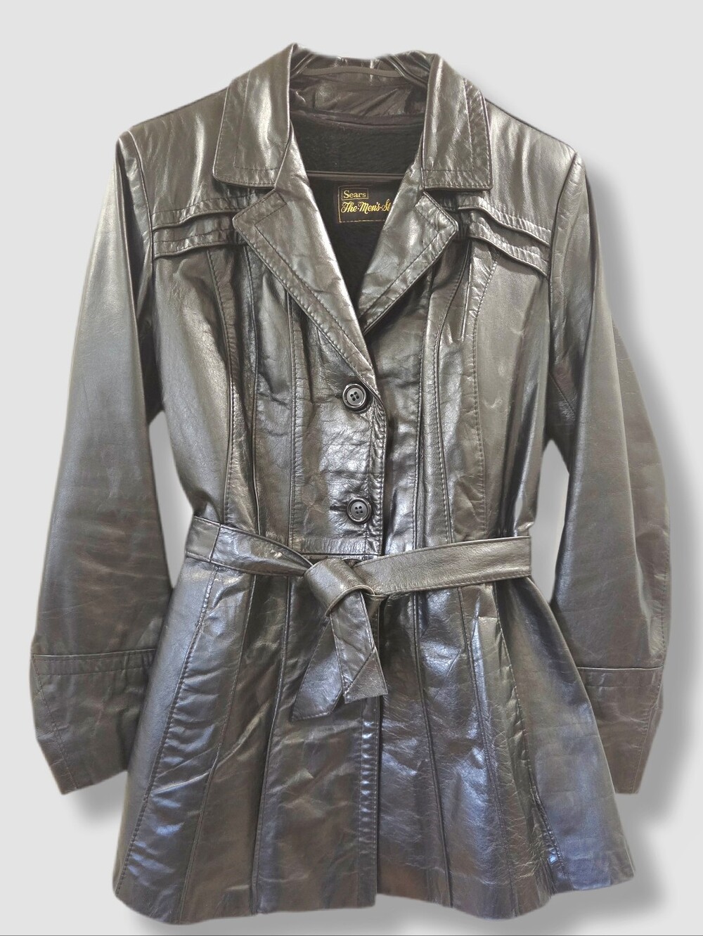 Vintage Leather Coat, Made in Canada, Belted Fitted Jacket, 70s-80s size M